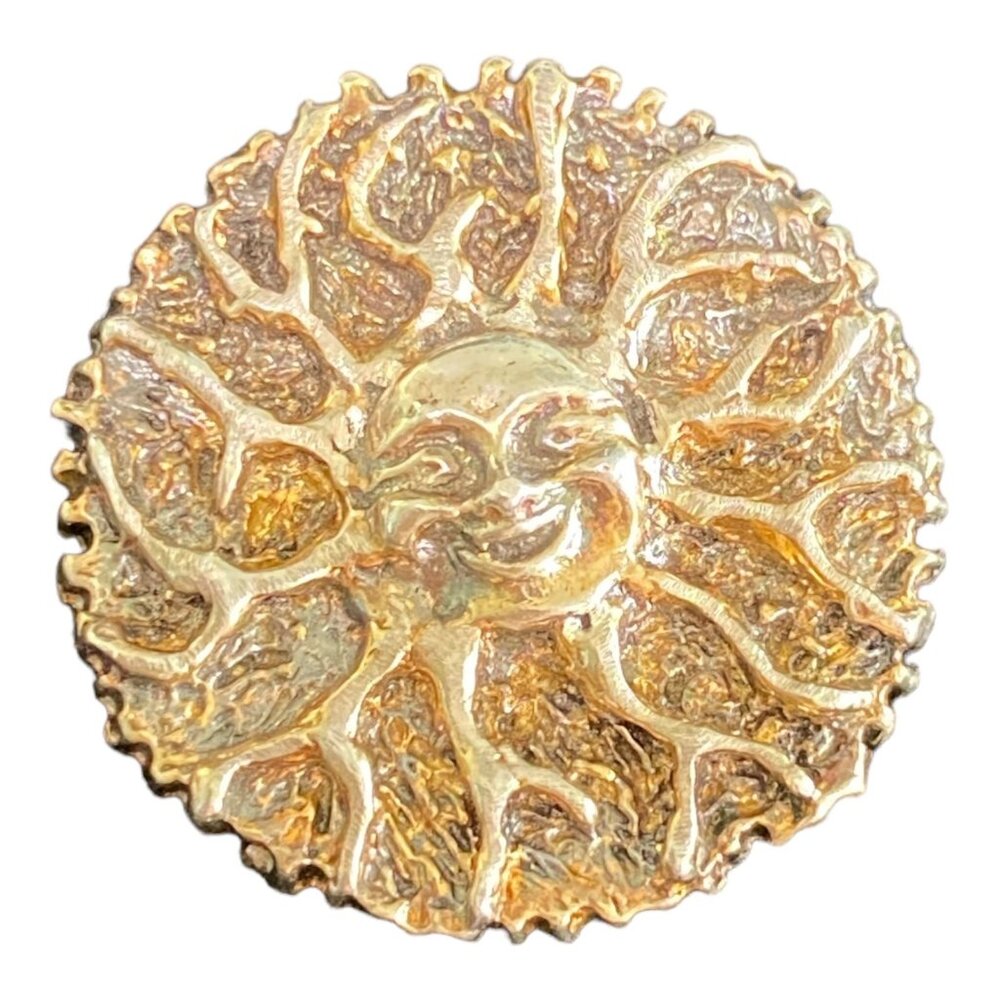 "G H" Sun Face Brooch Pin 1" Gold Over Sterling Silver Vintage Round Women